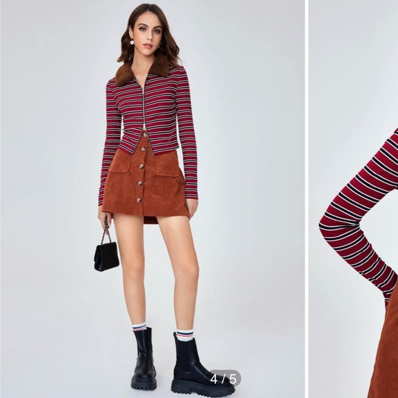 Womens Small Striped Print Zip Up T-Shirt red black white - Picture 3 of 12